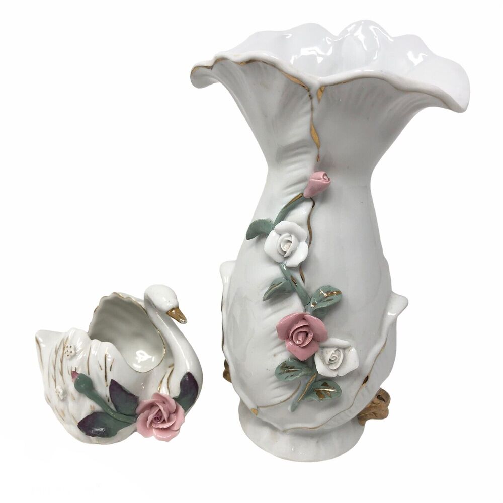 Vintage Rosette Porcelain Vase with matching Swan Trinket Dish Gold Tone Trim